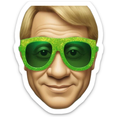 elton john wearing green and yellow patterened oversized square sunglasses with scalloped edges for mardi gras sticker