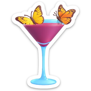 3D emoji style cocktail glass with burgundy drink and a butterfly perched on the rim sticker