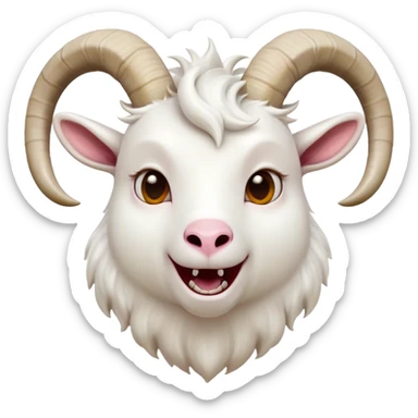 Cinematic Comical White Goat Portrait Emoji, Head tilted dramatically with an exaggeratedly amused expression, featuring a sleek white fur with a prominently quirky set of curved horns, wide, expressive eyes filled with playful disbelief, Simplified yet hilariously expressive features, highly detailed, glowing with a slightly sassy glow, high shine, dramatic yet playful, stylized with an air of cheeky mischief, bright and endearing, soft glowing outline, capturing the essence of a spirited and over-the-top goat, so meme-worthy it feels like it could side-eye its way into internet fame instantly! sticker
