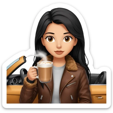 Tanned Girl with lashes , bright black long hair, in an extremely big fluffy brown mustang, and drinking hot chocolate drink sticker