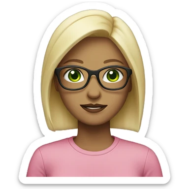 female, blonde, black rimmed glasses, green eyes, pink shirt sticker
