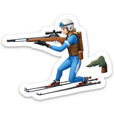An icon showing a snowy landscape with pine trees, mountains, and a clear sky with a biathlete aiming a rifle in the foreground, wearing winter gear and skis. Transparent background emphasizes the precision, endurance, and beauty of this winter sport. sticker