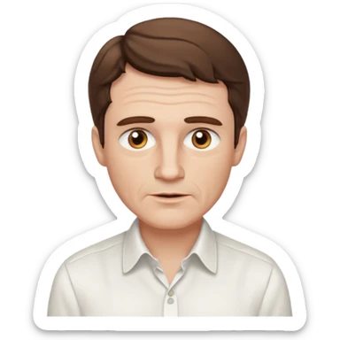 create an emoji of a man with wrinkles. he has an English gentleman look, ne beard no moustache with short wavy brown hair, brown eyes, pale skin, natural lips. he wears a white shirt sticker