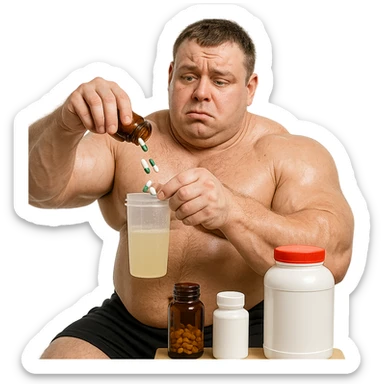realistic beginner bodybuilder mixing pills and liquids from various bottles, confused look, swollen muscles but puffy face and glossy eyes, white background, 4K quality sticker