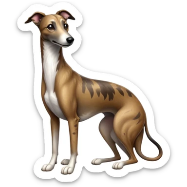 cinematic-[brindle greyhound]-realistic-full-body-sitting-emoji,-tail-resting-loosely-beside-its-paws,-head-tilted-dramatically, -sleek-[brindle]-fur,-simplified-yet-realistic-focused-features,-highly-detailed,-glowing-with-an-almost-sarcastic-glow sticker
