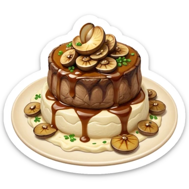 Filet mignon, on a bed of mashed potatoes and gravy , smothered in grilled onions and grilled mushrooms sticker