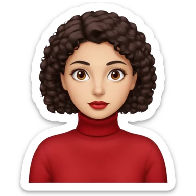 30 yr iranian woman dark brown hair curly wavy short hair, red turtle neck sweater, very thick eyebrows, light skin sticker