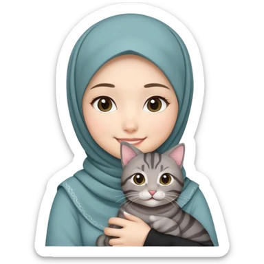 Asian White girl wearing cute hijab holding a black grey tabby cat while smiling.  sticker