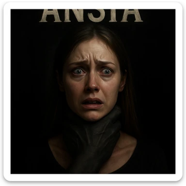 Create a hyperrealistic 4K image of a realistic woman with an anxious and scared face. A large realistic black hand is gripping her neck to represent anxiety. The atmosphere is oppressive with dramatic lighting. Include the word 'ANSIA' above her head. The style should be hyperrealistic and dramatic as described. sticker