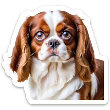 Cinematic Meme-Worthy Grumpy Blenheim Cavalier King Charles Spaniel Portrait Emoji, Head held high but eyes filled with dramatic disappointment, smooth Blenheim coat with striking chestnut and white patches, deeply furrowed brow forming an unmistakable scowl, floppy ears slightly angled back in disapproval, piercing brown eyes glaring with pure exasperation, Simplified yet hilariously over-exaggerated features, highly detailed, glowing with an aura of supreme annoyance, high shine, exhausted yet judgmental, stylized with an almost regal pettiness, bright but brooding, soft glowing outline, capturing the essence of a companion that has seen it all and is thoroughly unimpressed, so meme-worthy it feels like it could instantly become the next viral sensation of grumpiness! sticker