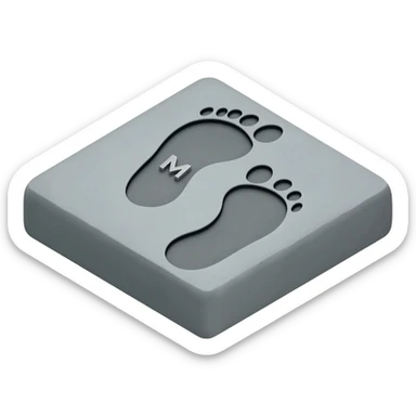 Minimalist 3D emoji: two stylized, bare footprints impressed deeply into soft, wet concrete. Textured surface. Engraved inside the heel of the leading footprint is a small, sharp chrome geometric 'M'. Isometric view, isolated on white --no background sticker