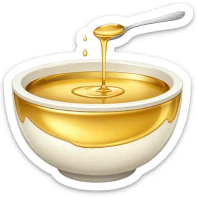 white bowl of gold liquid, shiny, smooth, no spoon, simple, clear sticker