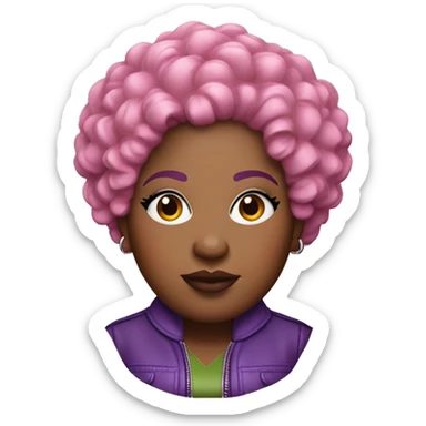 Plus size black woman with very short pink curly hair and a purple leather jacket with makeup on face. sticker