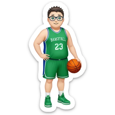 Full Body overweight white male with dark short spike hair basketball player wearing glasses wearing blue green uniform smiling sticker