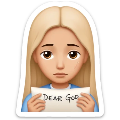 Person writing "Dear God" on paper with hopeful tearful expression sticker