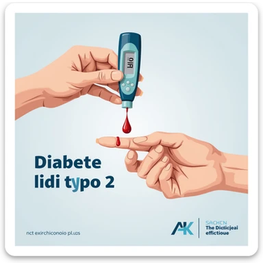 realistic illustration of a hand measuring blood glucose with a glucometer, drop of blood on finger, clinical background, Italian text 'Diabete di tipo 2', 4K quality sticker