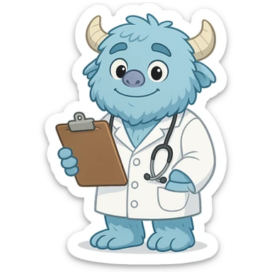 cartoon blue yeti, gentle eyes, dressed as a doctor in a white coat, holding a clipboard sticker