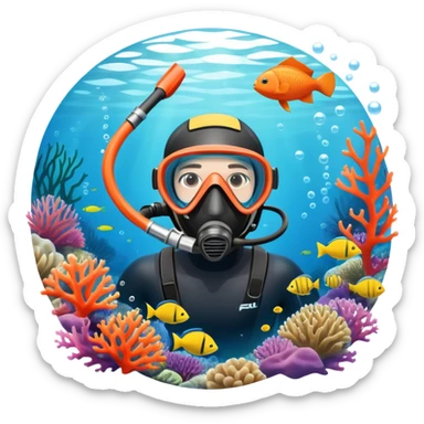 An icon featuring a close-up of a freediving mask and snorkel, with a breath-holding diver's fins, set against a vibrant underwater world. The design includes coral reefs, fish, and bubbles, symbolizing the serene beauty and thrill of freediving. Transparent background highlights the calm sticker