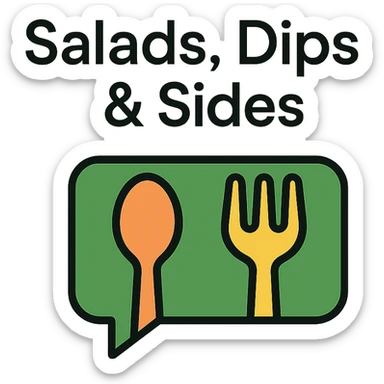 Add the title 'Salads, Dips & Sides' in a clean, modern font above the green modern clean food-inspired logo on the cookbook background. Keep the text readable and harmonious with the design. sticker
