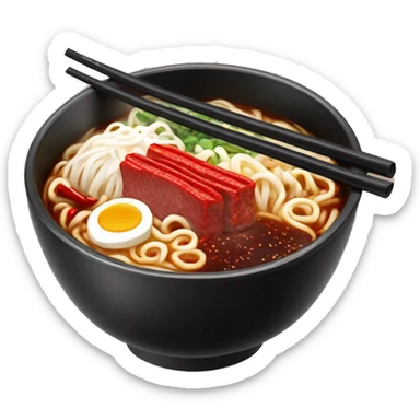 Glossy black noodle pack with red and white details, Korean lettering, and a steaming bowl of ramen on the front with noodles, meat, and chili peppers. sticker