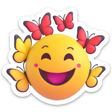 3D smiley emoji, round shape, in love: heart butterflies, smiling face, no body sticker