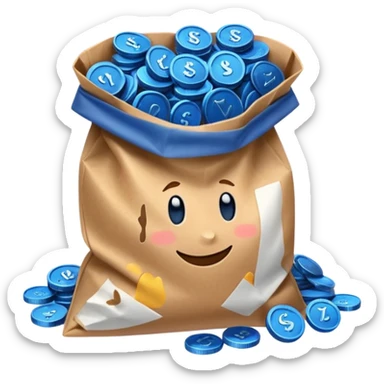 brown bag of blue coins sticker