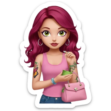 a pretty fair bratz girl with wavy dark red hair, wearing a pink tank top , carrying a matcha and a pink bag. eyeliner on. butterfly tattoo on arm sticker
