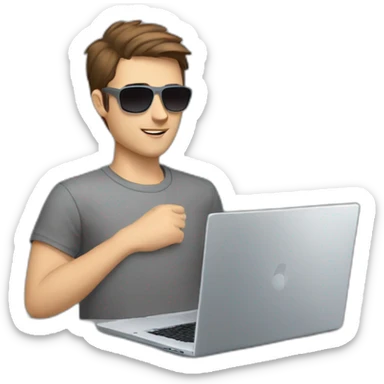 young white male with brown hair and brown eyes, wearing grey T-shirt, having pilot sunglasses, while having hands on the silver laptop and having silver rolex on whrist sticker