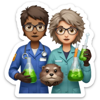 an otter disguised as a woman garbage collector next to a man mad scientist sticker