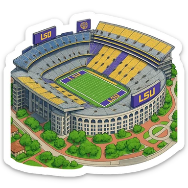 Изометричная, яркая, детализированная и фотореалистичная иллюстрация стадиона Tiger Stadium Louisiana в стиле 3D-коллажей городов, насыщенные цвета, аккуратные линии, мультяшно-реалистичная стилистика. Чёткие контуры, прозрачный фон, высокое качество. sticker