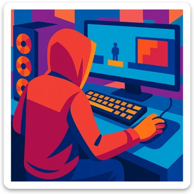 hooded man at a gaming setup, seen from the back, hands on keyboard and mouse, vibrant colors sticker