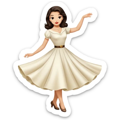 Beautiful woman in 1950’s woman fashion look, white dress, long dark brown hair, balboa dance sticker