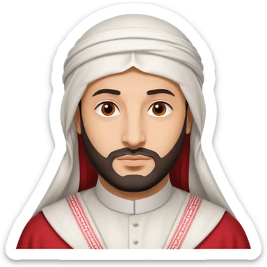 Crown Prince Mohammed bin Salman in iPhone emoji style, round face, minimal details, expressive and approachable, white thobe, red-and-white shemagh, flat vector look, soft colors sticker