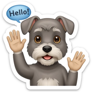 Happy Schnauzer waving hello. A speech bubble with HELLO sticker