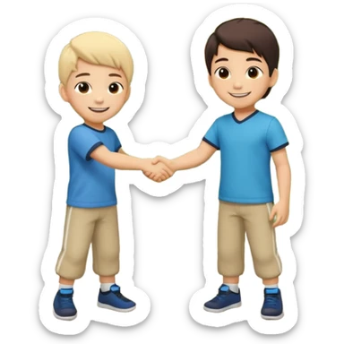 A cute 4-year-old Japanese boy with a big proud smile, shaking hands with another boy to make up after a fight, in a sunny park. Toys on the ground, both looking happy and relieved, warm friendship vibe, cartoonish style, vibrant colors, high detail. sticker