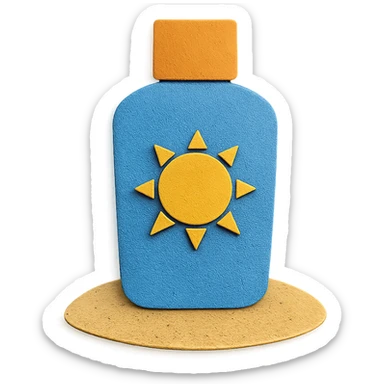 illustration of a sunscreen bottle with a sun icon on a sandy beach, bright colors, paper-craft style sticker