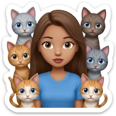 a pretty bratz dusky light skin girl with long brown hair, blue eyes with six cats nd wearing a grey tshirt sticker
