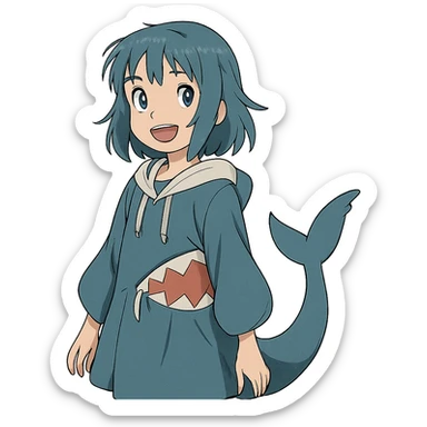 anime character, girl with blue hair, shark tail, smiling sticker