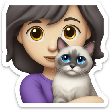 Dark-haired blue eyed girl wearing purple hugging blue colorpoint ragdoll cat sticker