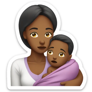 sad mother with newborn sticker