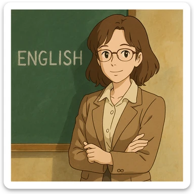 woman English teacher with brown hair, standing by a chalkboard, in ghibli style sticker
