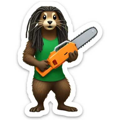 Woodchuck with dreadlocks in rasta with big muscles holding a chain saw  sticker