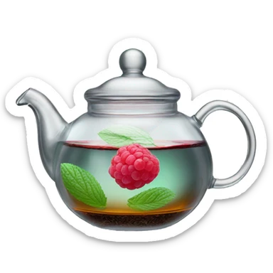 transparent glass teapot for tea brewing, inside of which is black tea with raspberries, lemon and mint and cinnamon sticker