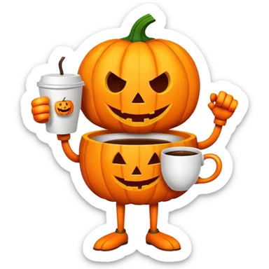Cartoon jack o lantern with cartoon arms and legs holding a cup of coffee sticker