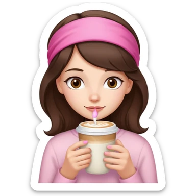 brunette girl with hazel eyes drinking latt, hair just below shoulder length and with a pink headband in her hair  sticker