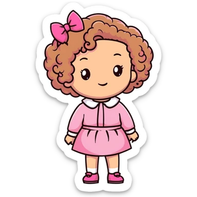 À curly head girl light brown hair light skin wearing pink and a pink bow on her hair  sticker