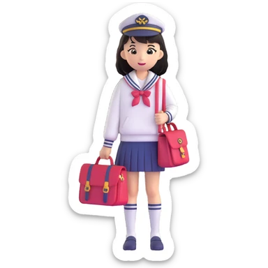 Cute Japanese female high school student in sailor uniform carrying a school bag sticker
