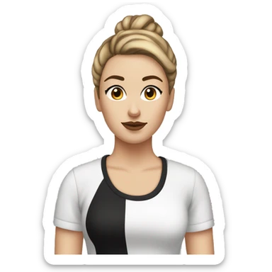 White girl with slick bun straight brown hair very thick black eyebrows wearing a Tshirt  sticker