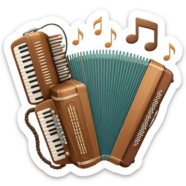 Create a warm and inviting humanless emoji representing folk singing. The design should feature a traditional microphone, perhaps with a wooden texture, symbolizing the rustic and authentic feel of folk music. Surround the microphone with subtle elements such as a hand-played tambourine, an accordion, or a balalaika to reflect the folk instruments. Add flowing musical notes to symbolize the vocal melodies. Use earthy, natural colors like browns, reds, and greens to evoke a sense of tradition, warmth, and connection to the community. The background should be transparent. sticker