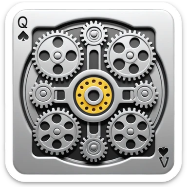 playing card back in emoji style, psychedelic abstract but functioning machine, interconnected gears pistons levers moving parts working together complex mechanism, greyscale tones only, no color, clean visually engaging sticker